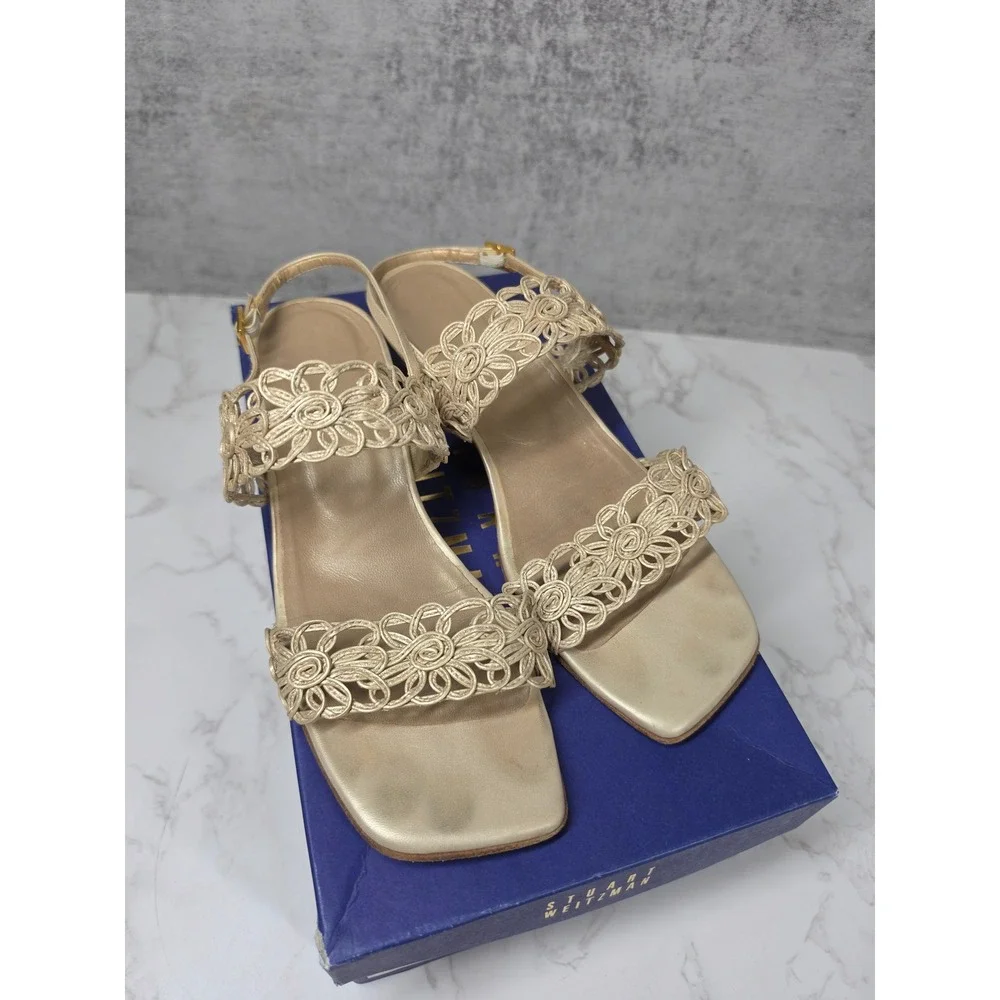 Stuart Weitzman Vintage Abloom Sand Metal Madras Gold Macrame Wedge Sandals 6M